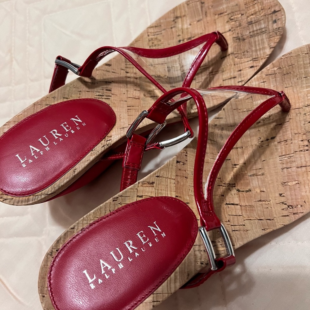 Lauren Ralph Lauren Red Cork Thong Sandals with Buckle Detail